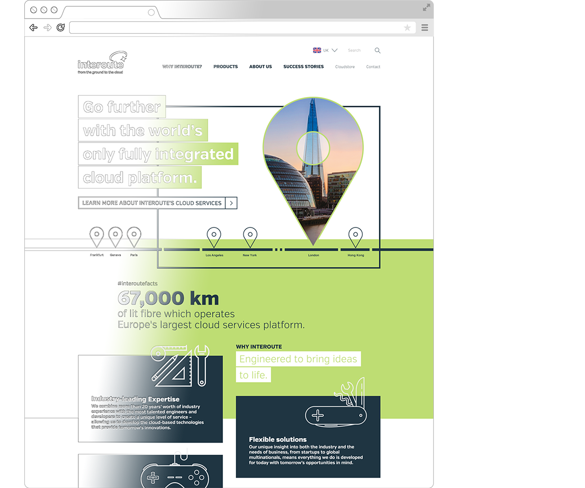 UX example image showcasing Interoute with a mock up of wireframe to website